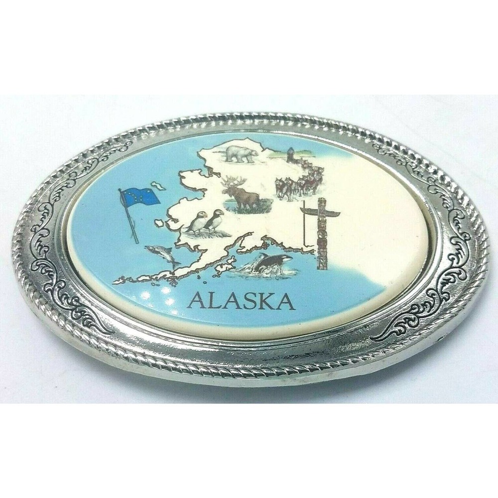 Vintage Barlow Silver Tone Framed Alsaska Map Belt Buckle - Made in USA VGC